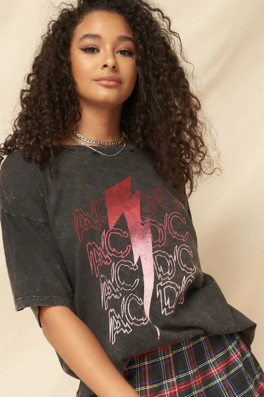 AC/DC Lightning Bolt Distressed Graphic Tee Collared Crew Neck Turtle Neck