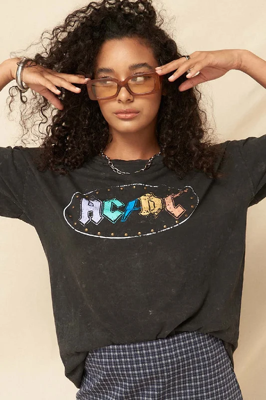 AC/DC Multicolor Logo Distressed Graphic Tee Lace Blend Ribbed Blend Corduroy Blend