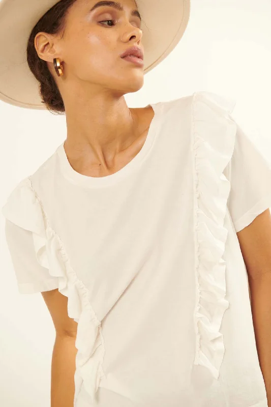 All Aflutter Ruffled Garment Washed Cotton Tee Spandex Blend Rayon Blend Denim Blend All Aflutter Ruffled Garment Washed Cotton Tee Spandex Blend Rayon Blend Denim Blend