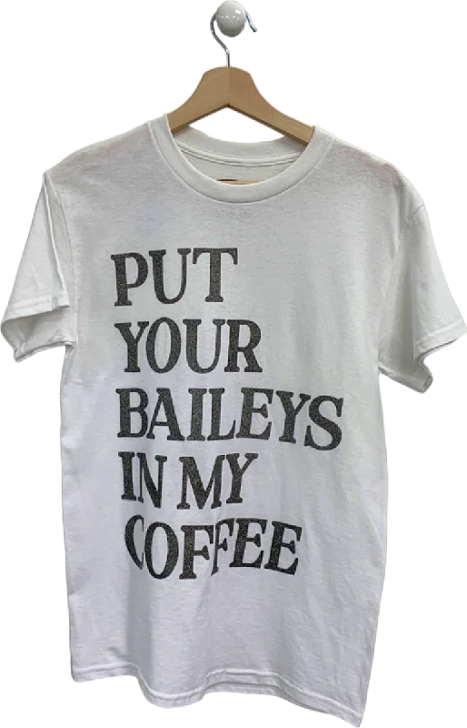 Ashish White 'Put Your Baileys In My Coffee' T-Shirt UK S Denim Fabric Leather Fabric Suede Fabric Ashish White 'Put Your Baileys In My Coffee' T-Shirt UK S Denim Fabric Leather Fabric Suede Fabric