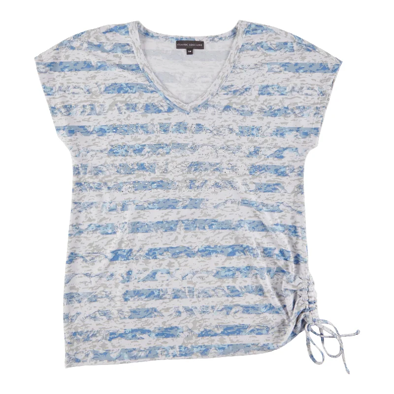 Classic Editions Women's Classic Style Striped Short Sleeve T-Shirt with Ruched Side Cashmere Blend Cotton Blend Poly Blend Classic Editions Women's Classic Style Striped Short Sleeve T-Shirt with Ruched Side Cashmere Blend Cotton Blend Poly Blend