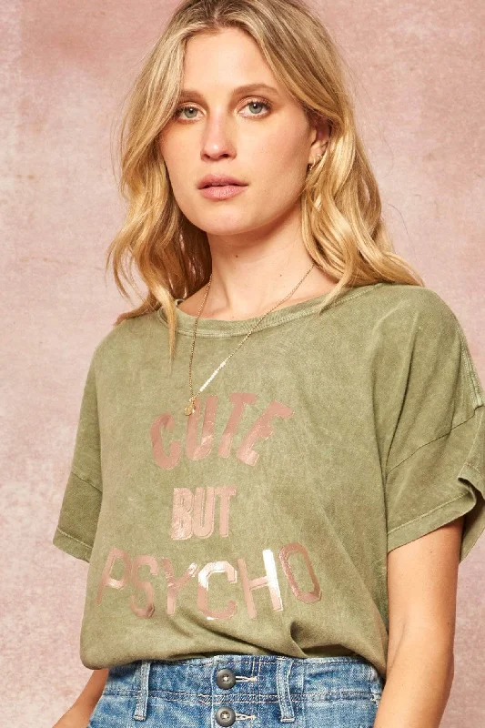 Cute But Psycho Stone-Washed Foil Graphic Tee Cozy Warm Stylish