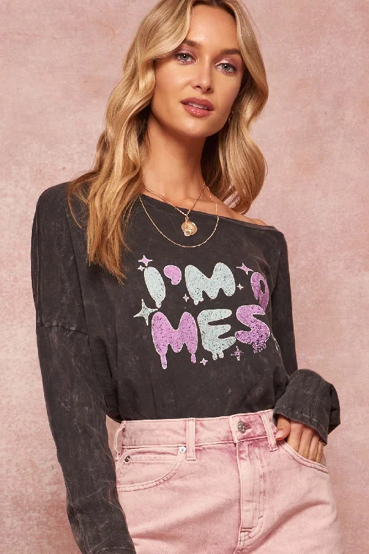I'm A Mess Vintage Long-Sleeve Graphic Tee Ribbed T-Shirt High Neck Heavyweight