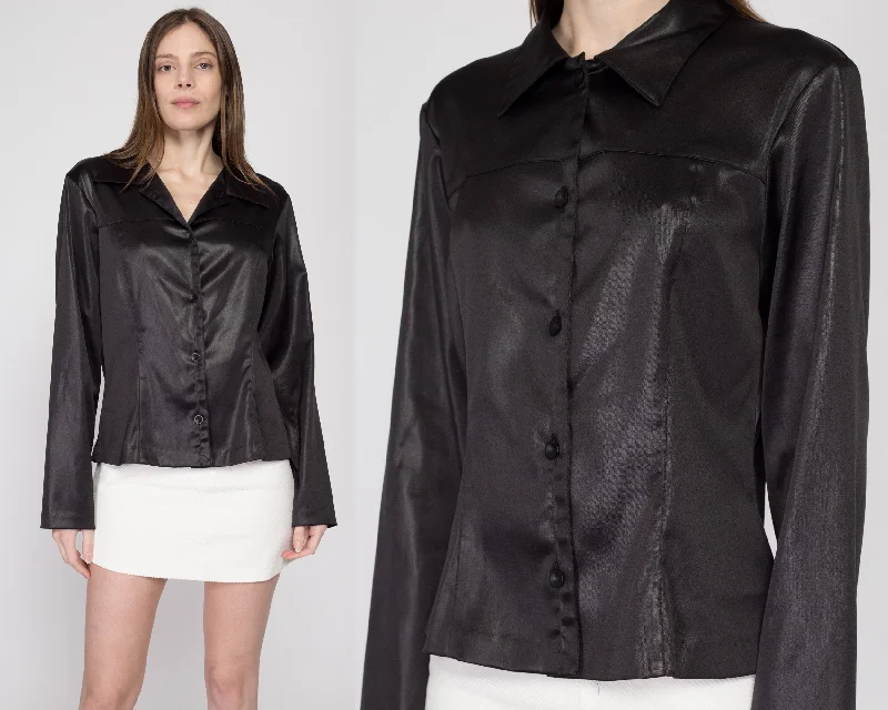 Large 80s Black Wet Look Collared Shirt Satin Fabric Silk Fabric Chiffon Fabric