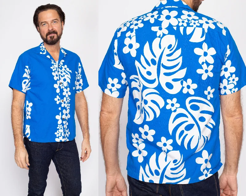 Medium 70s Hawaiian Blue Floral Aloha Shirt Boxy Fit Fitted Loose