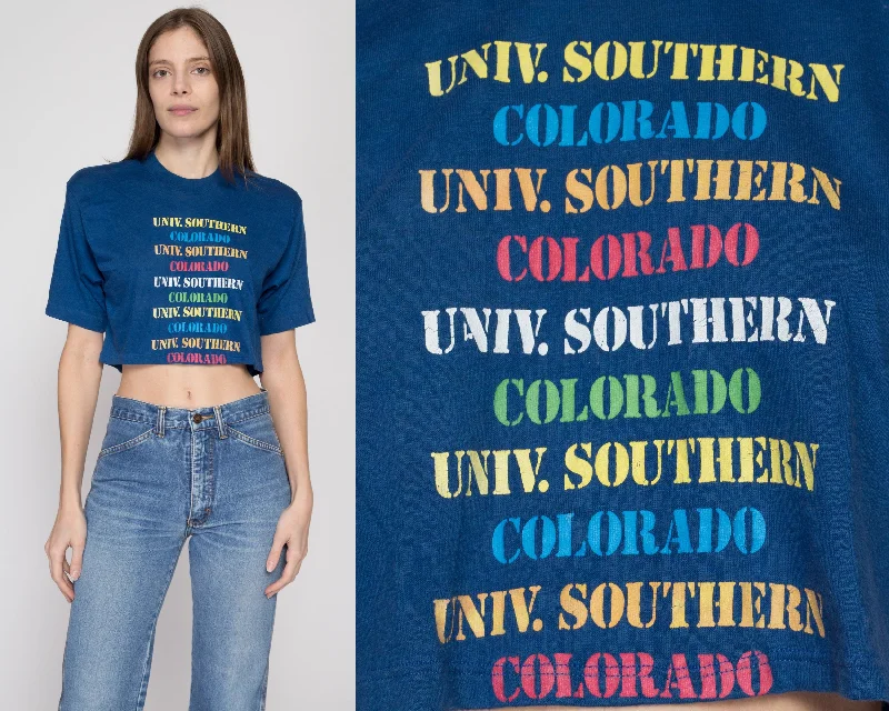 Medium 80s University Of Southern Colorado Cropped T Shirt Handmade Hand-knitted Hand-woven Medium 80s University Of Southern Colorado Cropped T Shirt Handmade Hand-knitted Hand-woven