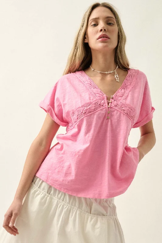 Rise and Shine Lace-Trimmed Slub Cotton Henley Tee Chenille Blend Fleece Blend Nylon Blend Rise and Shine Lace-Trimmed Slub Cotton Henley Tee Chenille Blend Fleece Blend Nylon Blend