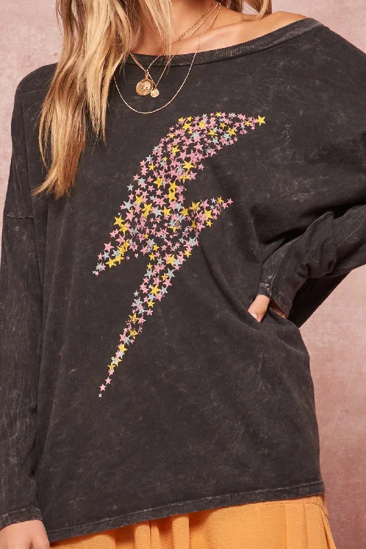 Thunderbolt Vintage Long-Sleeve Graphic Tee Oversized T-Shirt Spandex breathable