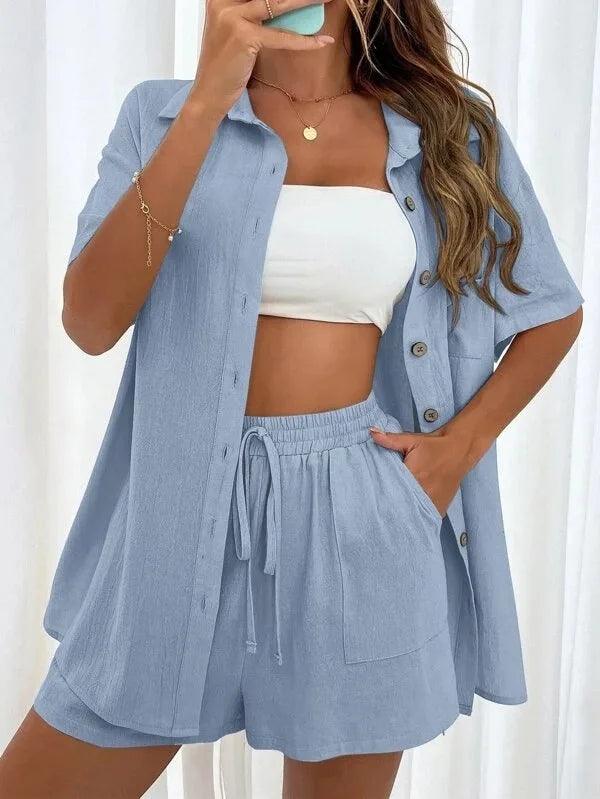 Two-Piece Button Up Shirt Set Mesh Canvas Denim