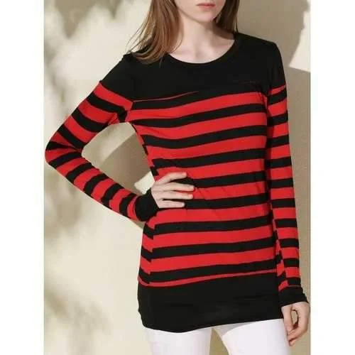 Long Sleeve Striped Tunic Tee - Black And Red Xl Machine Wash Dry Clean Hand Wash