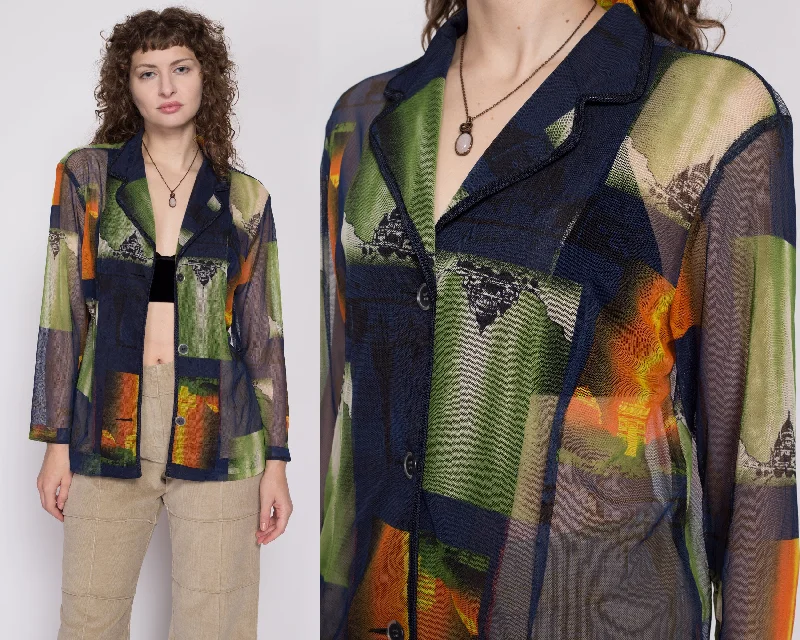 XL 90s Sheer Mesh Taj Mahal Print Shirt Graphic Embroidered Appliqued