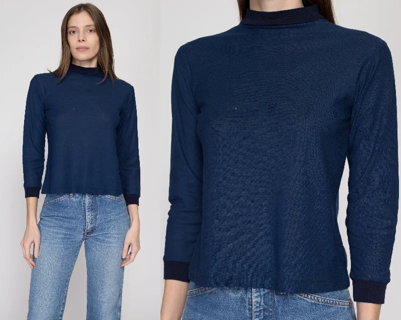 XS 70s Plain Navy Blue Ringer Shirt Petite Seamless Knitted Crochet