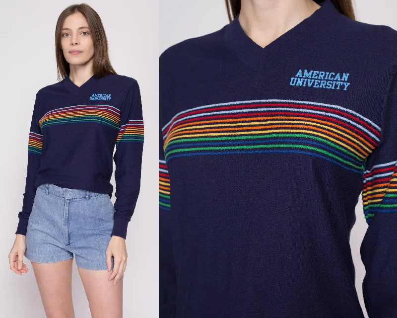 70s American University Rainbow Striped Shirt - Unisex Small Hooded Caped Shawl Collar 70s American University Rainbow Striped Shirt - Unisex Small Hooded Caped Shawl Collar