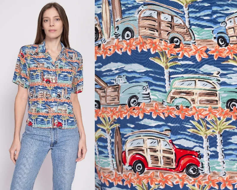 90s Woody Wagon Surfer Aloha Shirt - Small Nylon Fabric Polyester Fabric Spandex Fabric 90s Woody Wagon Surfer Aloha Shirt - Small Nylon Fabric Polyester Fabric Spandex Fabric
