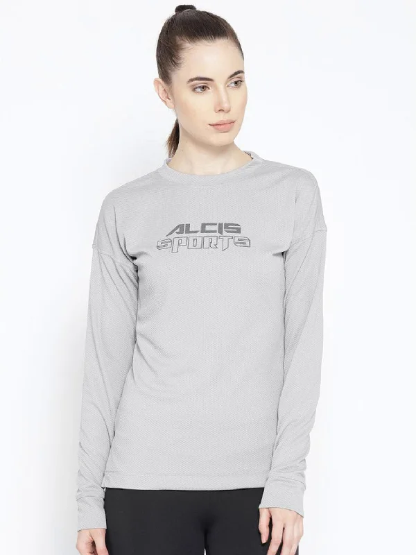 Alcis Women Grey Self Design Round Neck T-shirt Anti-Shrink Durable Soft