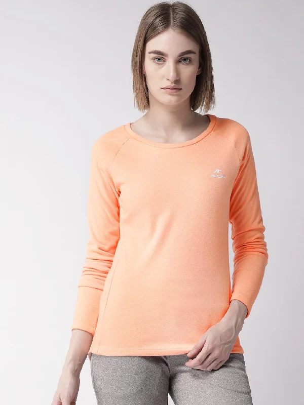 Alcis Women Peach-Coloured Solid Round Neck Sporty T-shirt Zippered Front Buttoned Front Snap Front