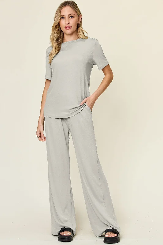 Double Take Full Size Round Neck Short Sleeve T-Shirt and Wide Leg Pants Set Anti-Pilling Machine Wash Handmade Double Take Full Size Round Neck Short Sleeve T-Shirt and Wide Leg Pants Set Anti-Pilling Machine Wash Handmade