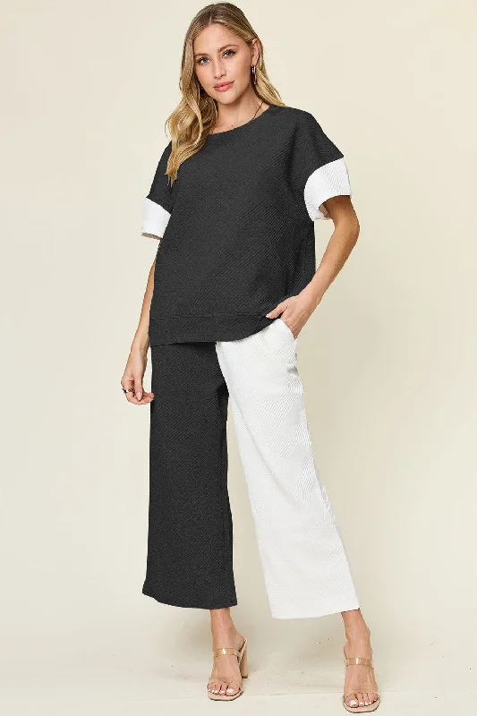 Double Take Full Size Texture Contrast T-Shirt and Wide Leg Pants Set Chenille Blend Fleece Blend Nylon Blend