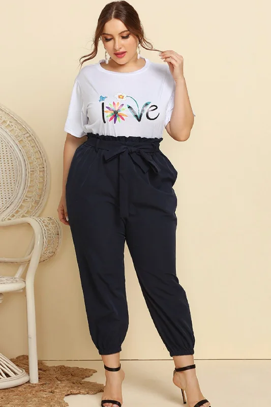 Graphic Tee and Belted Paperbag Joggers Set Zippered Front Buttoned Front Snap Front Graphic Tee and Belted Paperbag Joggers Set Zippered Front Buttoned Front Snap Front