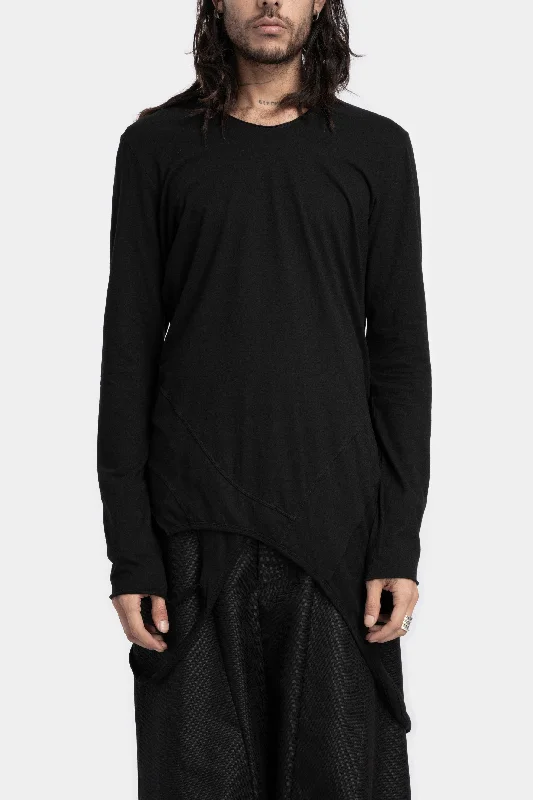 Long sleeve straps T-Shirt, Black Mesh Blend Leather Blend Suede Blend