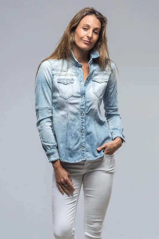 Maddi Fitted Snap Shirt In Clean Light Wash Terry Blend Velvet Blend Canvas Blend