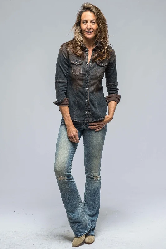 Maddi Fitted Western Snap Shirt In Brown Over Dye Spandex Blend Rayon Blend Denim Blend