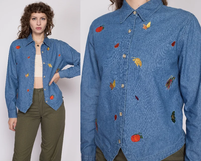 Medium 90s Fall Motif Chambray Button Up Shirt Cashmere Blend Cotton Blend Poly Blend Medium 90s Fall Motif Chambray Button Up Shirt Cashmere Blend Cotton Blend Poly Blend