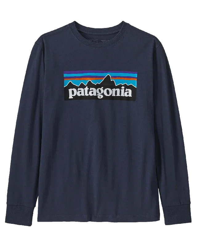 Patagonia Kids' Long Sleeve Regenerative Organic Certified Cotton P-6 T-Shirt - New Navy Front Pockets Side Pockets Patch Pockets Patagonia Kids' Long Sleeve Regenerative Organic Certified Cotton P-6 T-Shirt - New Navy Front Pockets Side Pockets Patch Pockets