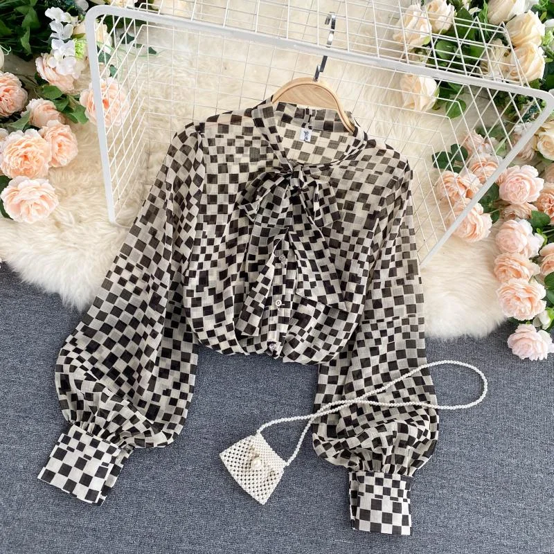 Retro bow round neck long-sleeved check chiffon shirt 316 Zippered Front Buttoned Front Snap Front Retro bow round neck long-sleeved check chiffon shirt 316 Zippered Front Buttoned Front Snap Front