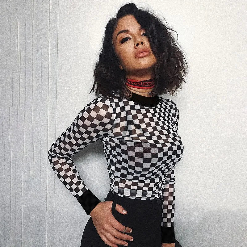 Sexy black white plaid checkerboard t-shirts for women Hollow out slim top female t-shirt long sleeve tee shirts Silk Blend Satin Velvet Sexy black white plaid checkerboard t-shirts for women Hollow out slim top female t-shirt long sleeve tee shirts Silk Blend Satin Velvet