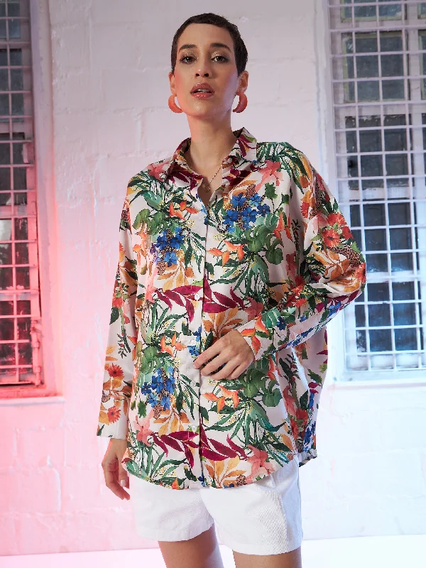 Women Beige Satin Floral Oversized Shirt Fitted T-Shirt Seamless Stretchy