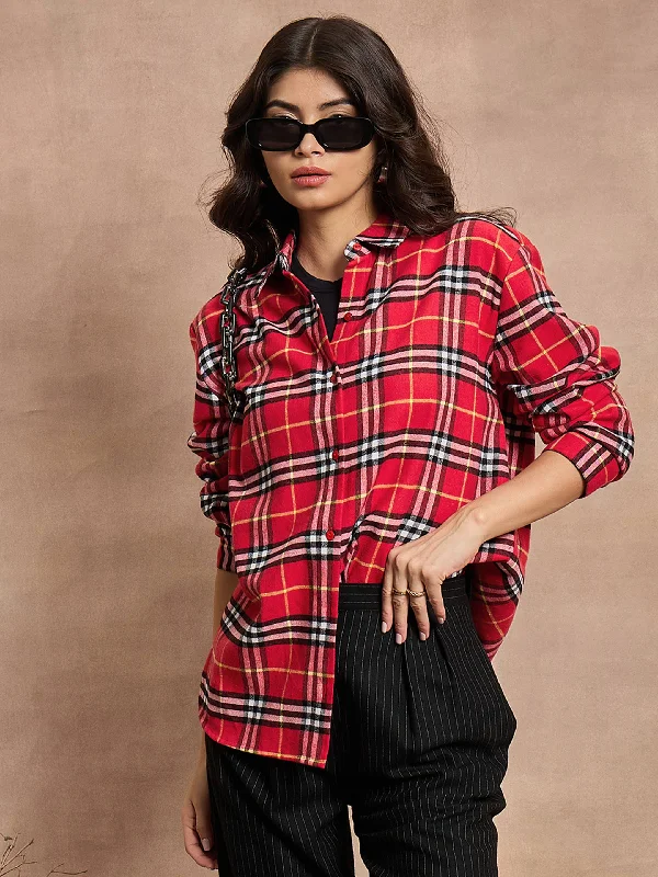 Women Red Check Oversized Shirt Elasticated Padded Insulated