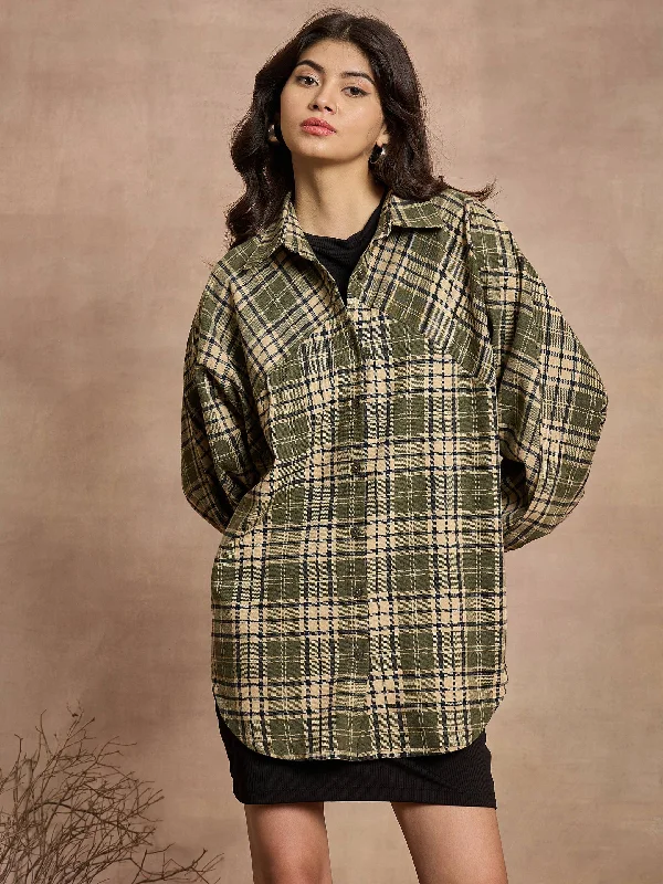 Women Green & Beige Checked Oversized Shirt Graphic Embroidered Appliqued