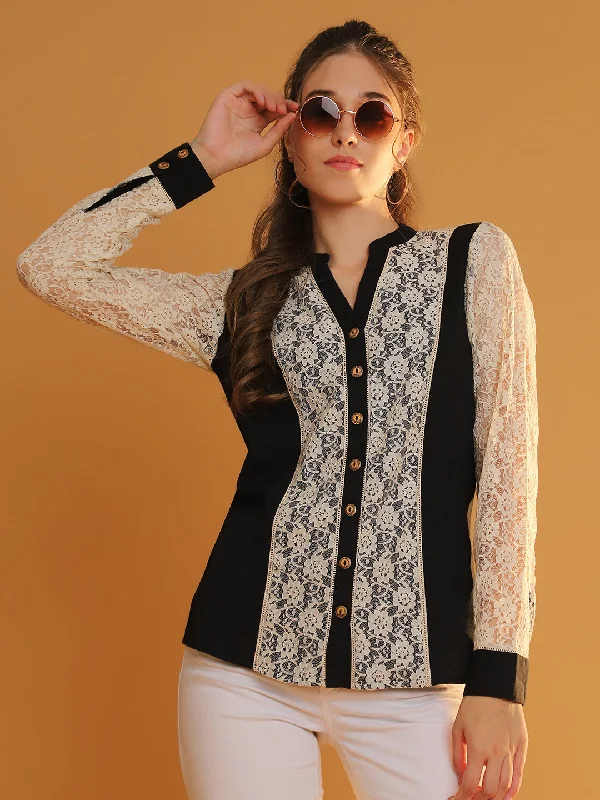 Women Black Full Sleeves Mandarin Collar Shirt with Patch Lace Fabric Welt Pockets Slit Pockets Flap Pockets