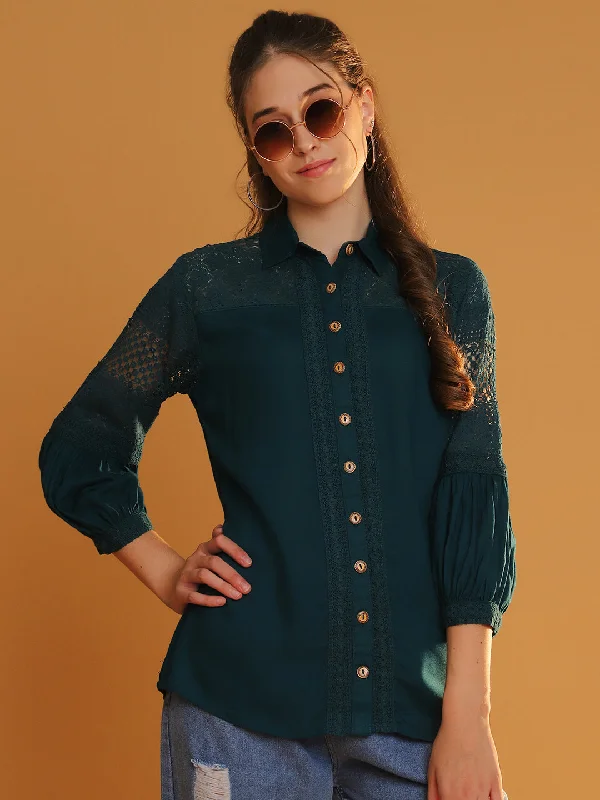 Women Collared Bottle Green 3/4 Sleeves Shirt with Lace Detail Rayon Fabric Velvet Fabric Corduroy Fabric