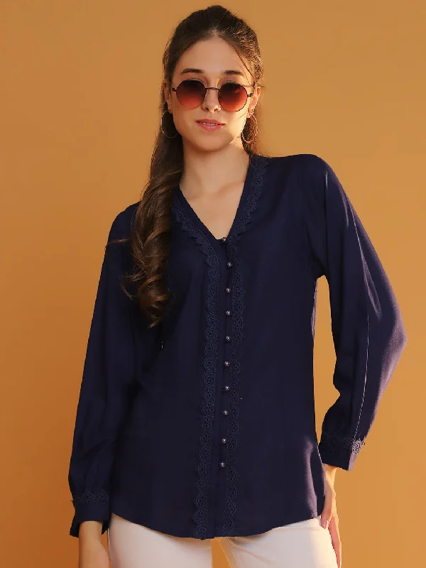 Women Navy Blue V-Neck Full Sleeves Shirt with Lace Placket Detailing Embroidered Appliqued Beaded