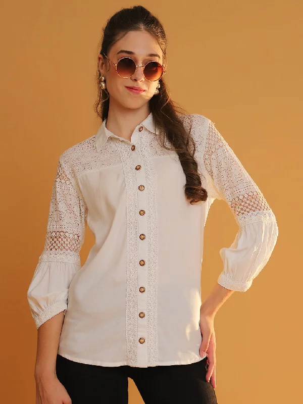 Women Collared White 3/4 Sleeves Shirt with Lace Detailing Satin Fabric Silk Fabric Chiffon Fabric