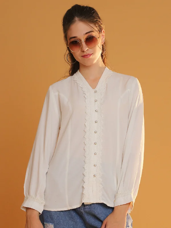 Women White V-Neck Full Sleeves Shirt with Lace Placket Detail Jersey Fabric Tulle Fabric Batik Fabric