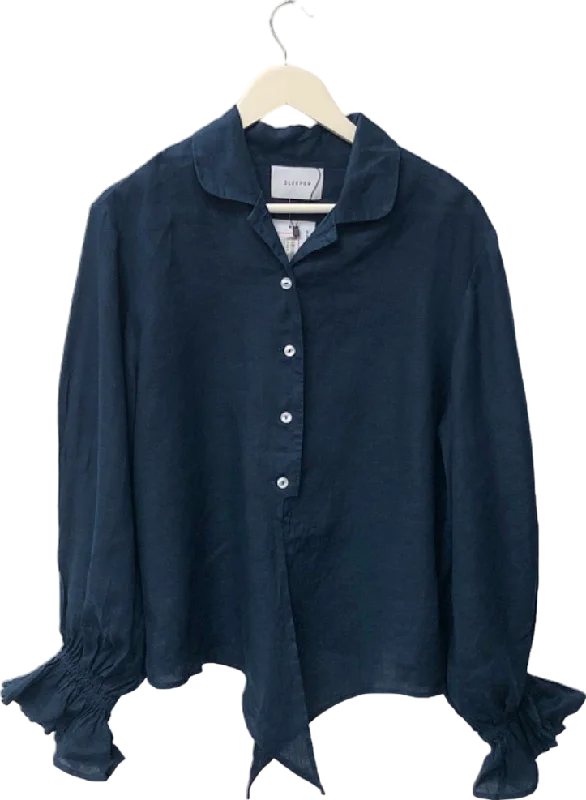 Sleeper Navy Blue Ruffled Cuff Shirt UK S Zippered Front Buttoned Front Snap Front