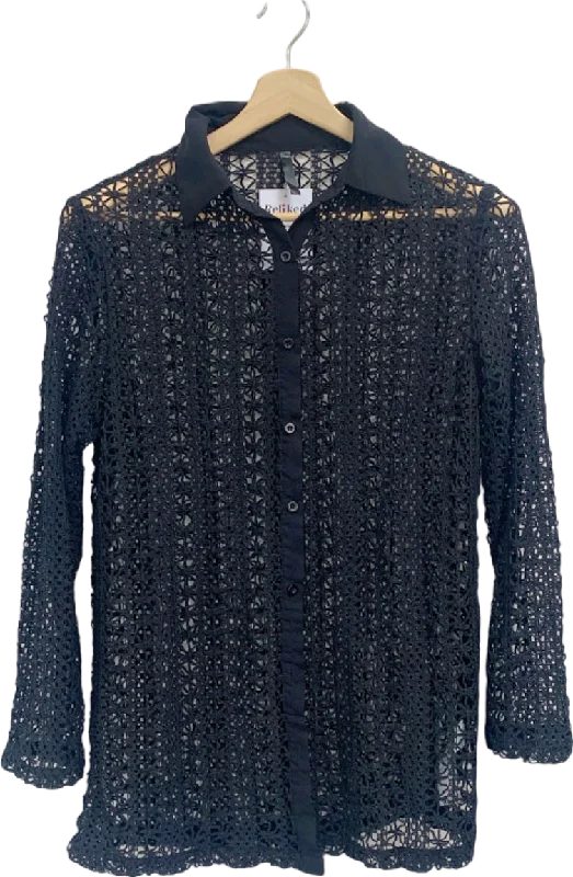 Black Crochet Lace Shirt UK S Terry Blend Velvet Blend Canvas Blend