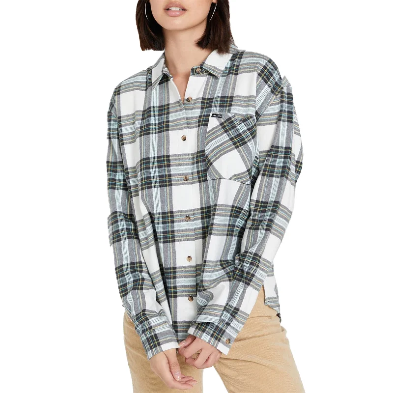 Volcom Women's Plaid To Meet U Long Sleeve Button-Up Flannel Shirt Notch Collar Peter Pan Collar Cowl Neck