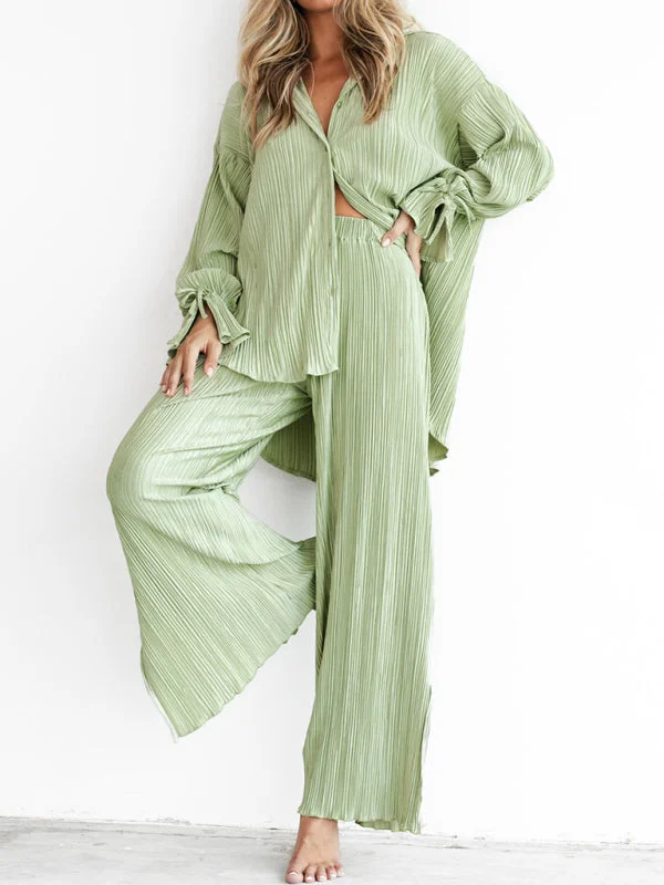Women's Solid Color Pleated Button-front Shirt Top Matching Pleated Pants Set Thin T-Shirt Open Front Quick Dry Women's Solid Color Pleated Button-front Shirt Top Matching Pleated Pants Set Thin T-Shirt Open Front Quick Dry
