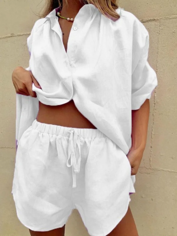 Women's Solid Color ¾ Sleeve Classic Button Front Shirt Matching Short Set Anti-Pilling Machine Wash Handmade Women's Solid Color ¾ Sleeve Classic Button Front Shirt Matching Short Set Anti-Pilling Machine Wash Handmade