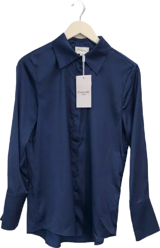 Choklate Navy Satin Shirt UK L Thin T-Shirt Open Front Quick Dry