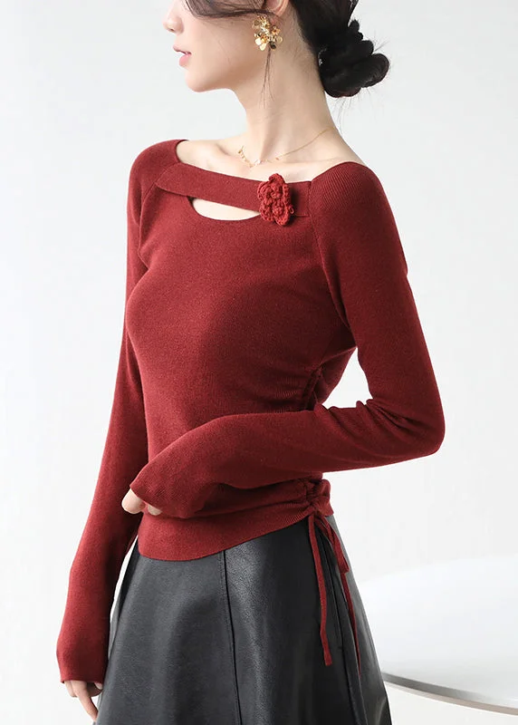 Classy Red Cinched Hollow Out Floral Knit Shirts Winter Basic T-Shirt Crew Neck Short Sleeve