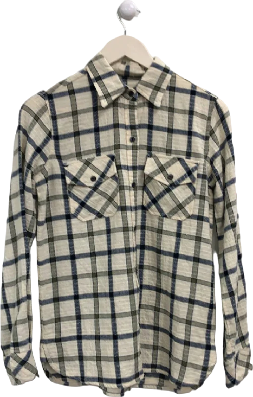 Current Elliot Beige/Blue Plaid Flannel Shirt V-Neck T-Shirt Long Sleeve Cotton