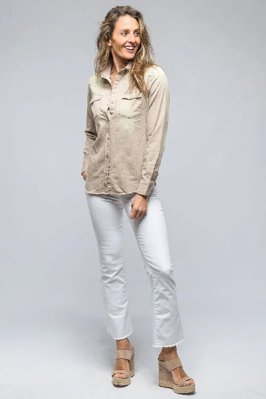 Misty Sand Washed Jean Shirt In Beige Hooded Caped Shawl Collar