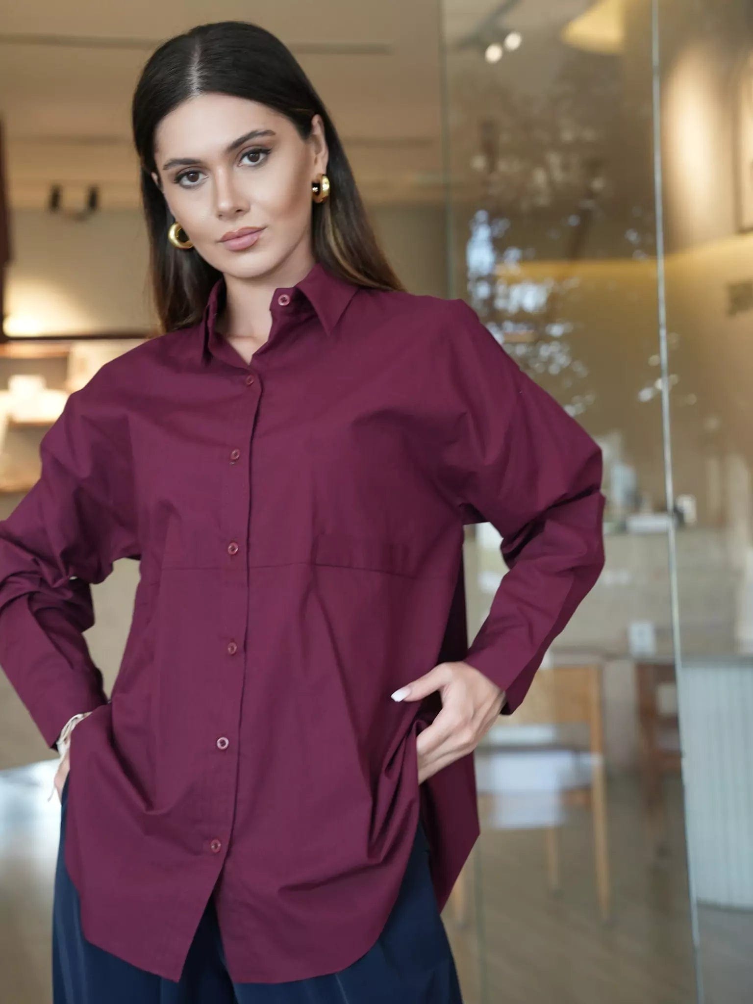 Orient Plum Button Down Shirt Collared Crew Neck Turtle Neck