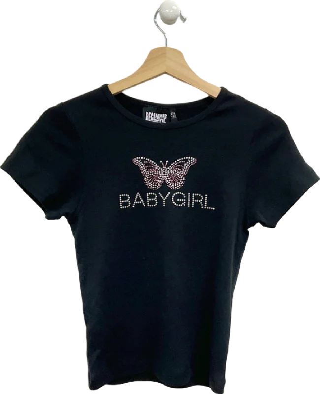 Reclaimed Vintage Black Babygirl T-Shirt UK 10 Polka Dot Checkered Tartan