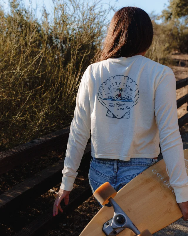 Scallop L/S Crop Tee - Off White Houndstooth Herringbone Solid